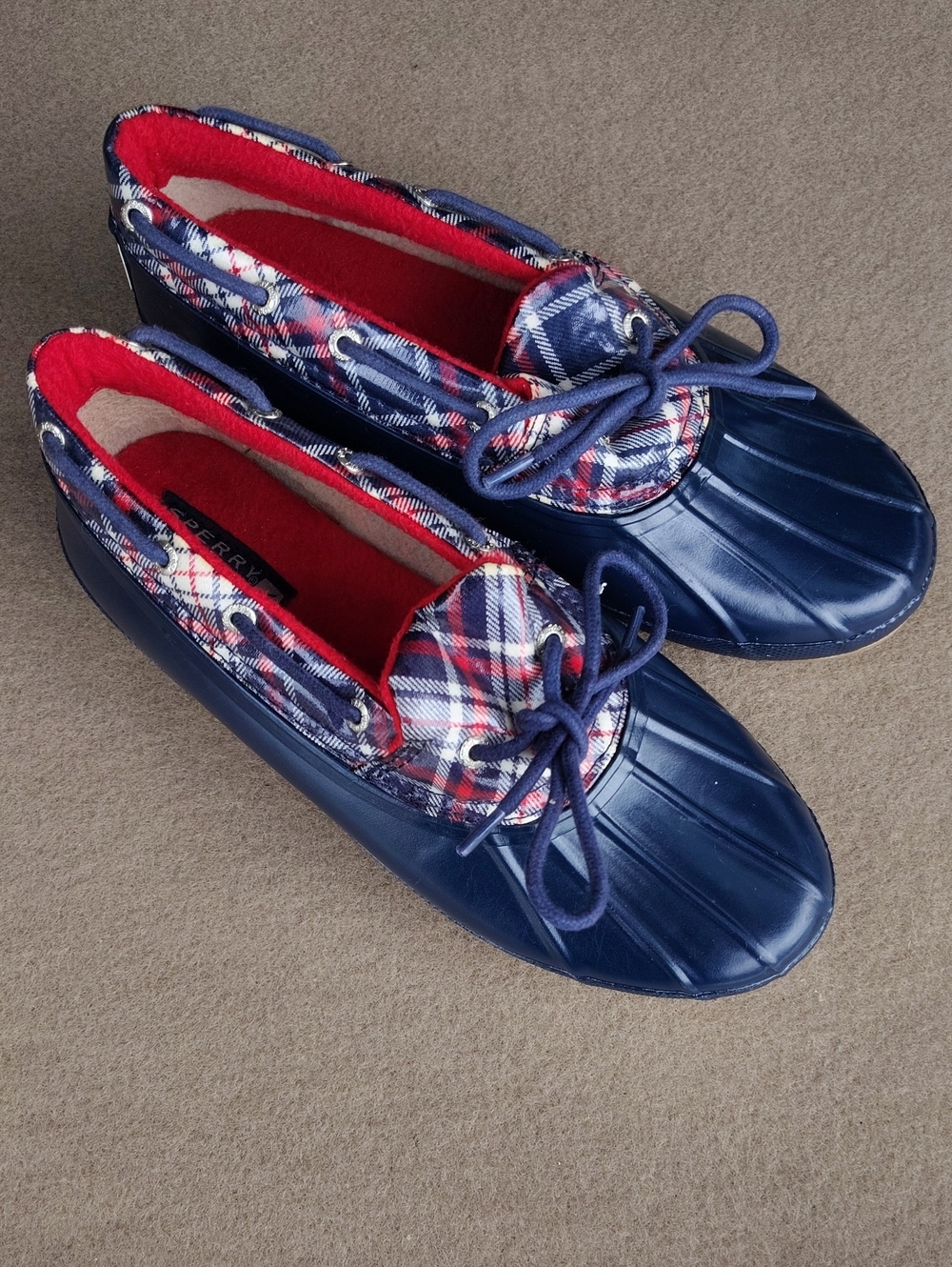 Sperry Navy Duck Boots with Red Plaid Accent